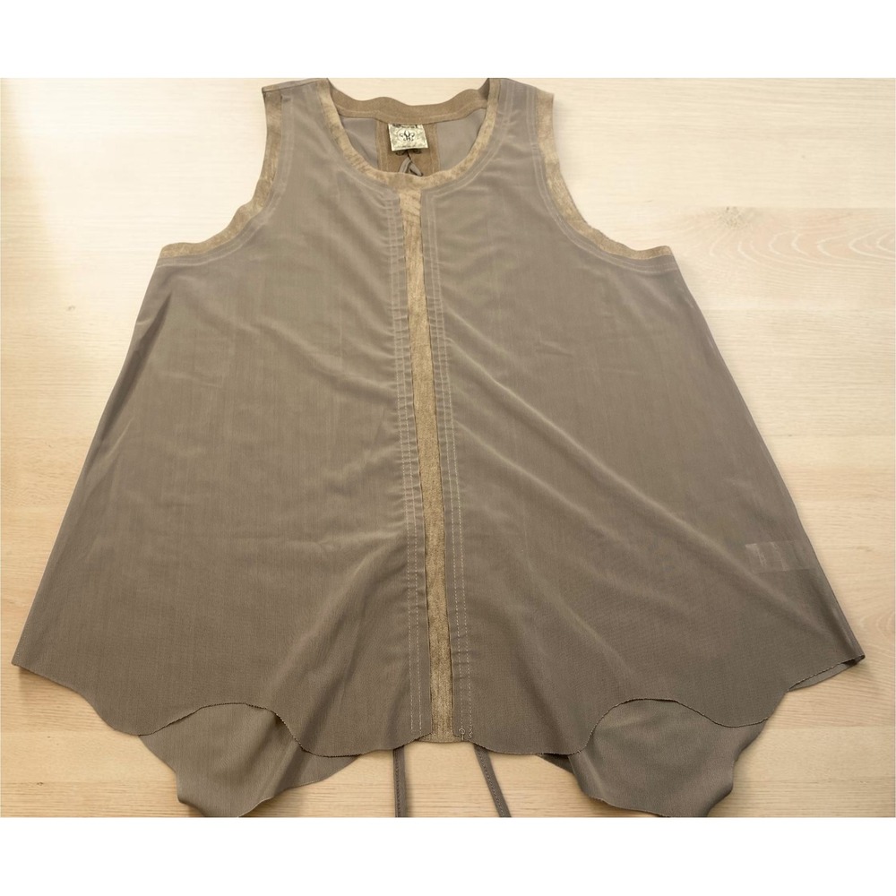 VOCAL Womens XL Taupe Mesh Lace Up Back Sleeveless Top‎ Faux Suede Trim